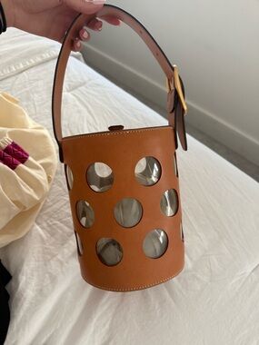 Tory Burch Tan Leather Polka Dot Cutout Bucket Shoulder Bag with Gold Buckle